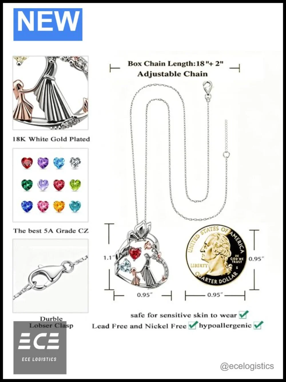 14K 18K Gold Plated Double Heart Birthstone Pendant Necklace Gift